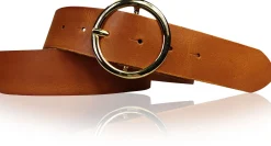 ANDRIA Damen Ledergürtel 4 cm runde vergoldete Gürtelschnalle Hüftgürtel
