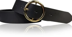 ANDRIA Damen Ledergürtel 4 cm runde vergoldete Gürtelschnalle Hüftgürtel