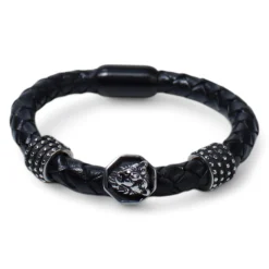 Armband aus Leder mit Löwe, Metall Zierteilen, Edelstahl Verschluss