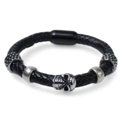 Armband aus Leder mit Totenkopf, Metall Zierteilen, Edelstahl Verschluss