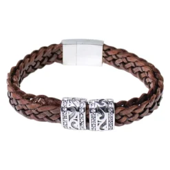 Armband mit doppelter Lederkordel und Edelstahl Zierteilen, Strass