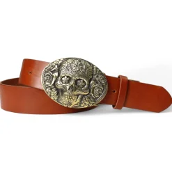 Best Patina® Totenkopf Herrengürtel 4cm, Santa Muerte, Messingschnalle Handguss, Sattlerleder
