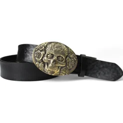 Best Patina® Totenkopf Herrengürtel 4cm, Santa Muerte, Messingschnalle Handguss, Sattlerleder