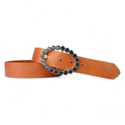 Best&Timeless Damen Ledergürtel 4 cm, Gürtelschnalle mit schwarzen Strasssteinen