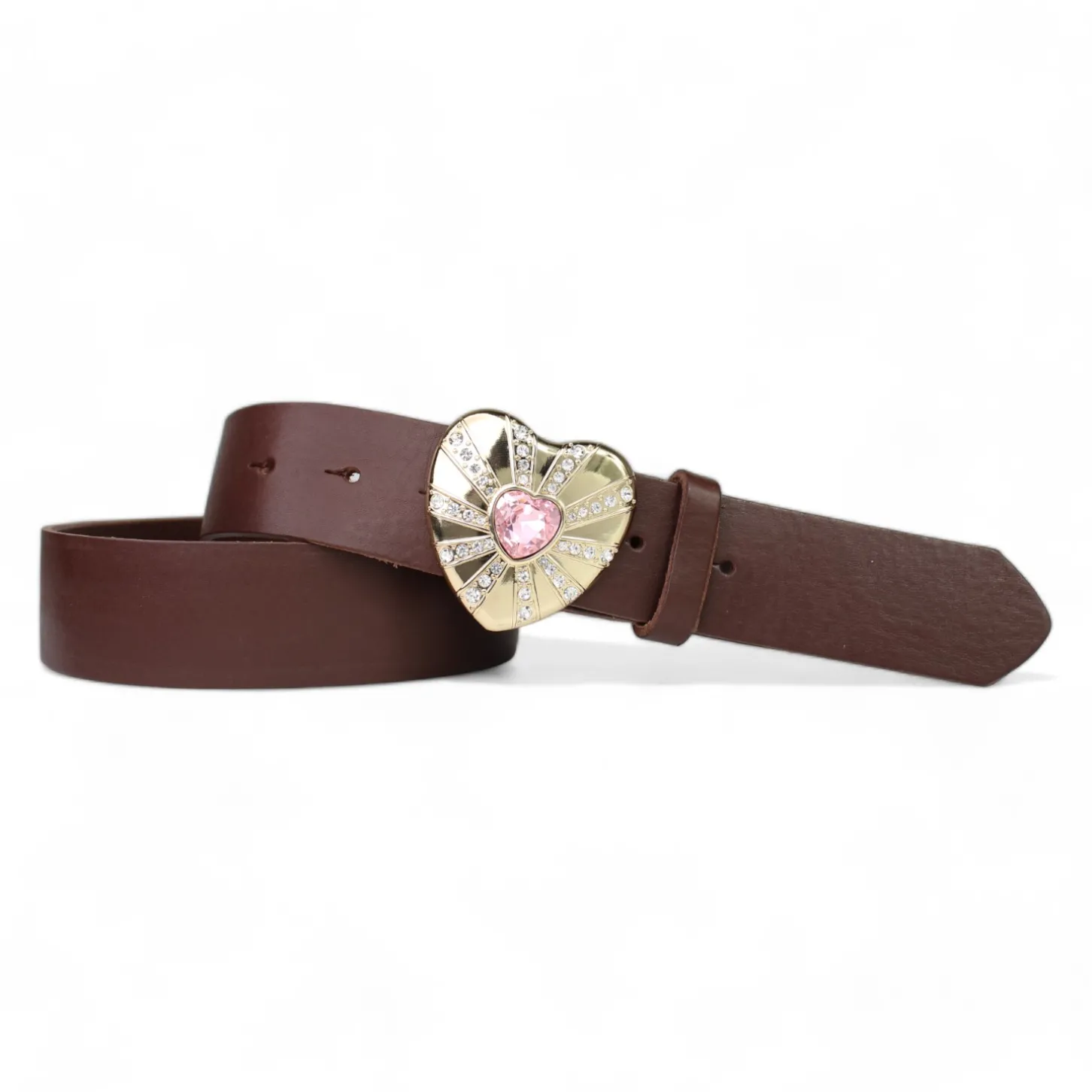Best&Timeless Damen Ledergürtel 4 cm, goldene Herzschnalle rosa Strassstein