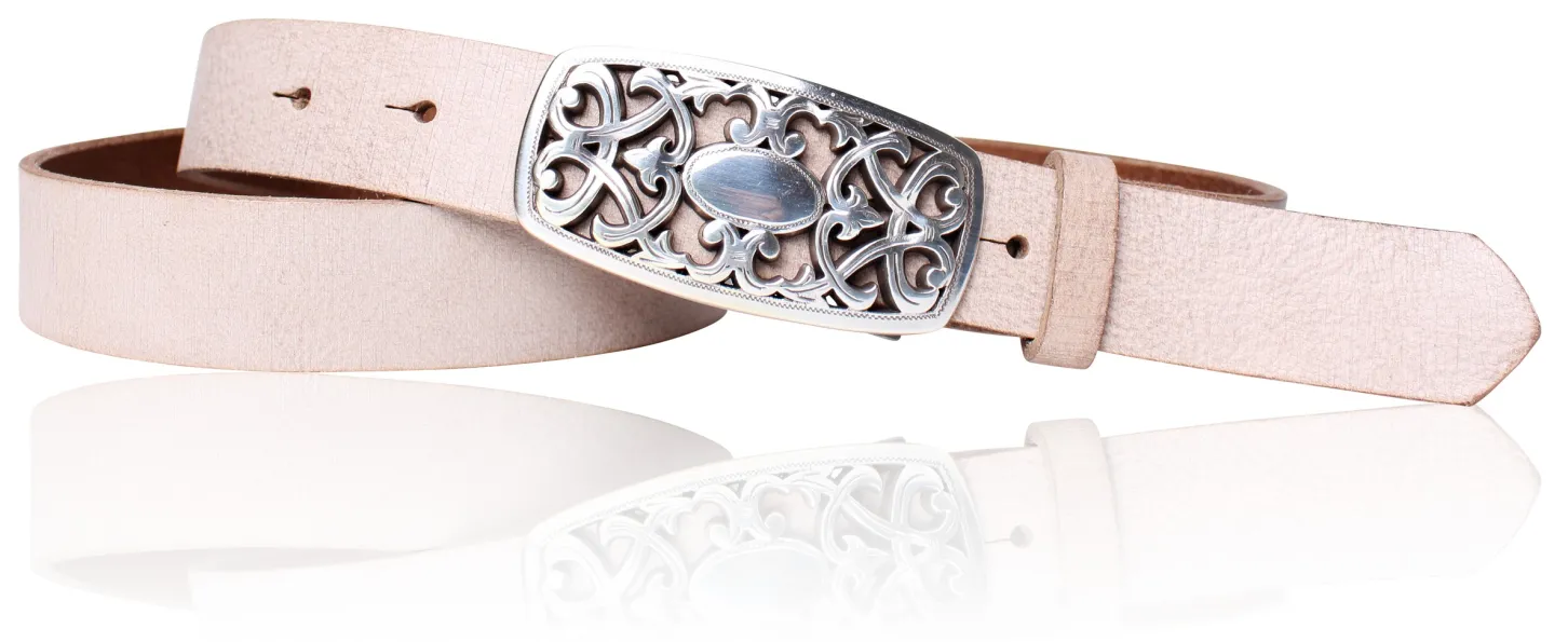 Best&Timeless hochwertiger Damen Ledergürtel 3 cm, silberne florale Gürtelschnalle, vegetabiles Leder