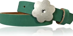 BLUME: süßer Kindergürtel mit silberner Blumenschnalle mit Straß, plastikfrei, 2 cm schmal