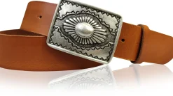 BOHO 2: Ethnogürtel 4 cm für Damen und Herren, Ledergürtel mexikanische Gürtelschnalle altsilber