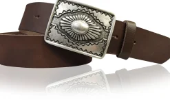 BOHO 2: Ethnogürtel 4 cm für Damen und Herren, Ledergürtel mexikanische Gürtelschnalle altsilber
