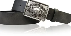 BOHO 2: Ethnogürtel 4 cm für Damen und Herren, Ledergürtel mexikanische Gürtelschnalle altsilber