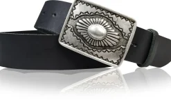 BOHO 2: Ethnogürtel 4 cm für Damen und Herren, Ledergürtel mexikanische Gürtelschnalle altsilber