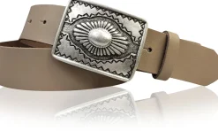 BOHO 2: Ethnogürtel 4 cm für Damen und Herren, Ledergürtel mexikanische Gürtelschnalle altsilber