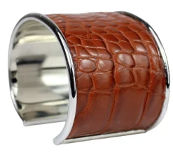 breiter Armreif 4,5 cm Edelstahl, Kunstleder, Kroko Optik, silber