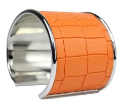breiter Armreif 4,5 cm Edelstahl, Kunstleder, Kroko Optik, silber