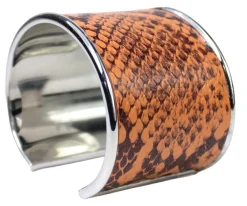 breiter Armreif 4,5 cm Edelstahl, Kunstleder, Python Optik, silber