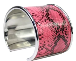 breiter Armreif 4,5 cm Edelstahl, Kunstleder, Python Optik, silber