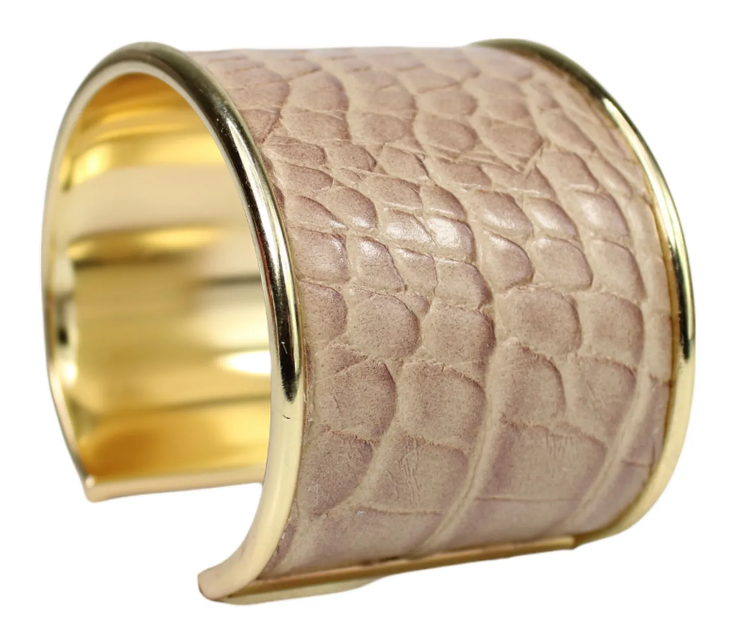 breiter Armreif 4,5 cm Edelstahl, Kunstleder, Kroko Optik, gold
