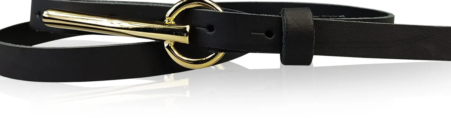 BROOKLYN 2 schmaler Damen Ledergürtel 1,5 cm, lange goldene Gürtelschnalle Gürtel