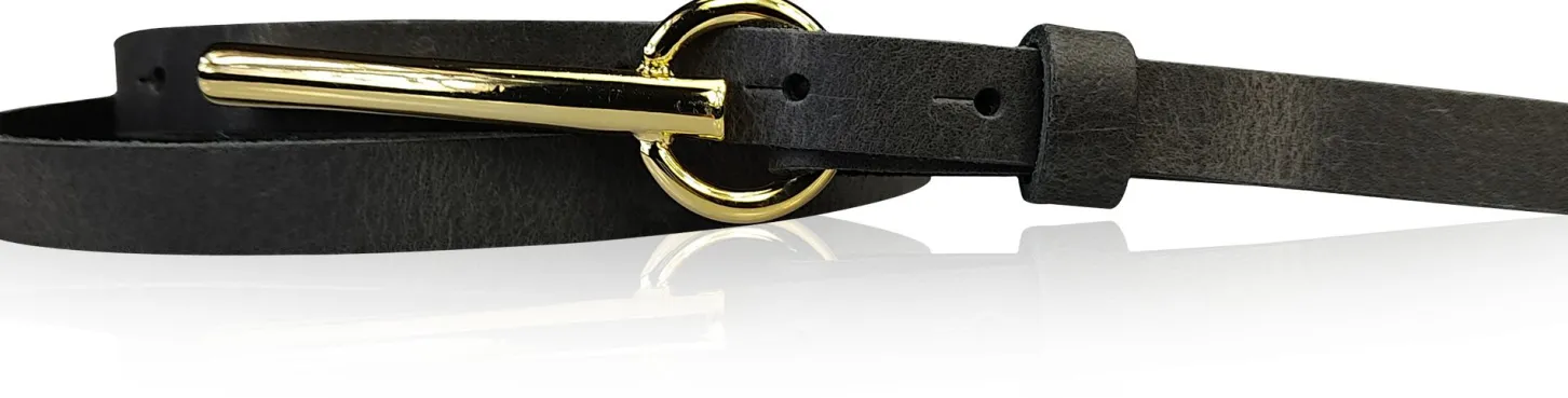 BROOKLYN 2 schmaler Damen Ledergürtel 1,5 cm, lange goldene Gürtelschnalle Gürtel