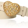 CAPRI Damen Ledergürtel 4 cm mit Herzschnalle gold, Strasssteine
