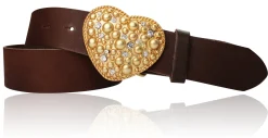CAPRI Damen Ledergürtel 4 cm mit Herzschnalle gold, Strasssteine