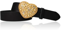 CAPRI Damen Ledergürtel 4 cm mit Herzschnalle gold, Strasssteine