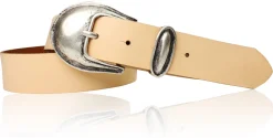 Damen Ledergürtel 3,5 cm antiksilberne Gürtelschnalle mit Metallschlaufe Echtledergürtel