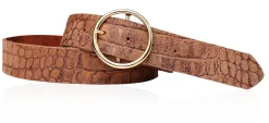 Damen Ledergürtel 4 cm mit runder, vergoldeter Gürtelschnalle, Büffelleder, Cayman Prägung