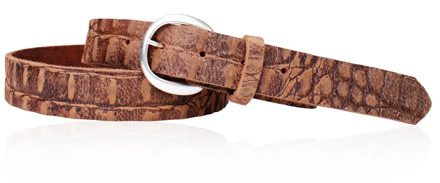 Damen Ledergürtel, Büffelleder, Cayman Prägung, halbrunde Messing Gürtelschnalle, 3 cm