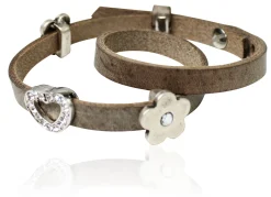 doppeltes Lederarmband mit Strass Zierteilen Herz und Blume, Rindsleder
