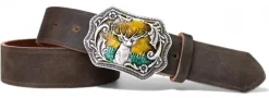 Edeltracht®  hochwertiger Ledergürtel mit bunt emaillierter Hirsch Gürtelschnalle