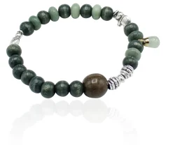 elastisches Armband aus Holz- und Natursteinperlen, Elefanten, silber