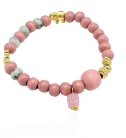 elastisches Armband aus Holz- und Natursteinperlen, Elefanten, gold