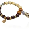 elastisches Armband aus Holz- und Natursteinperlen, Lederquaste