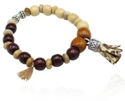 elastisches Armband aus Holz- und Natursteinperlen, Lederquaste