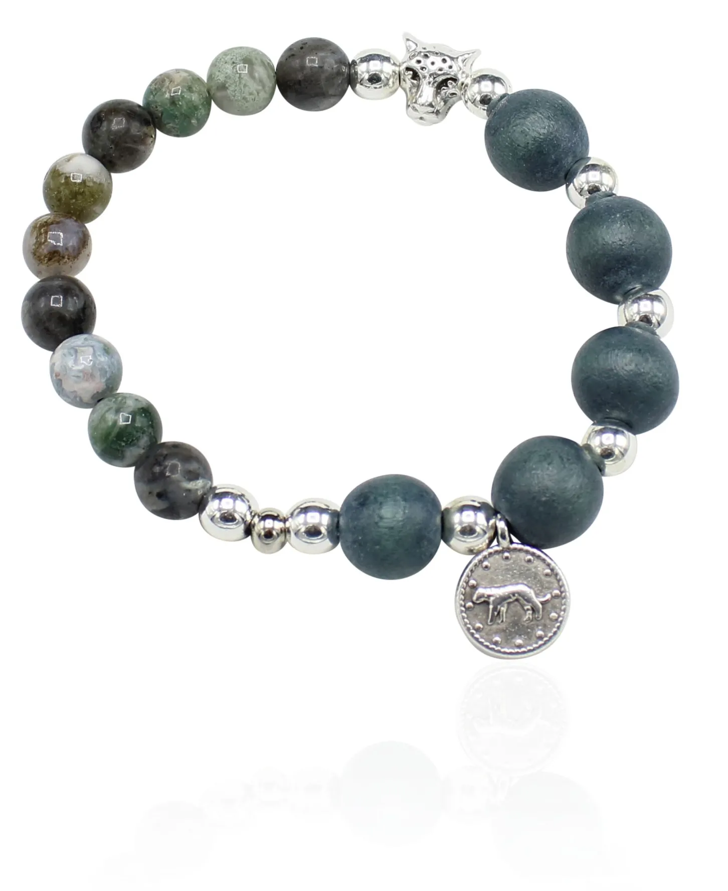 elastisches Armband aus Holz- und Halbedelsteinperlen, Anhänger, Leopard