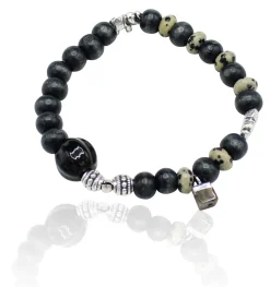 elastisches Armband aus Holz- und Natursteinperlen, Elefanten, silber