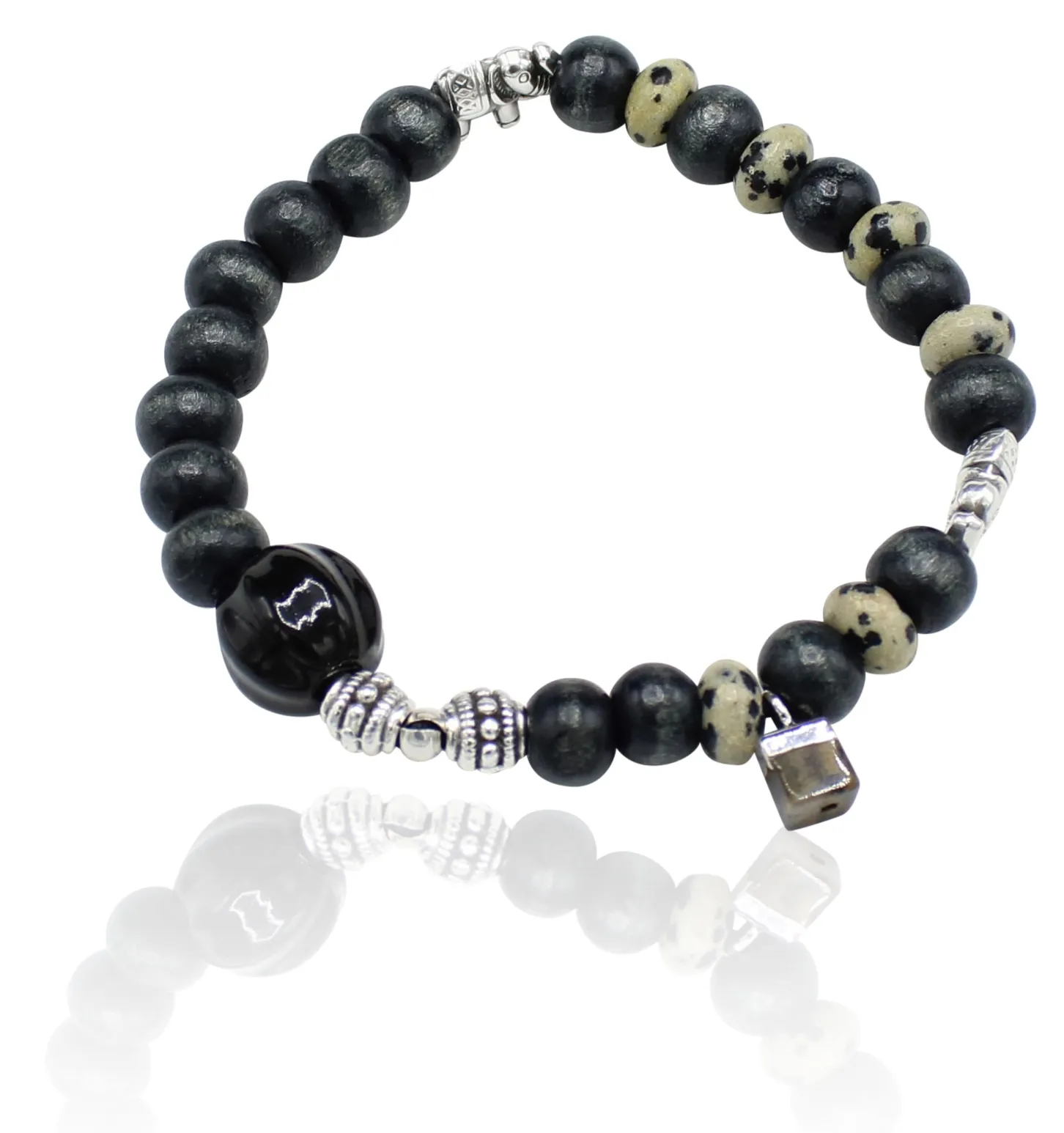 elastisches Armband aus Holz- und Natursteinperlen, Elefanten, silber