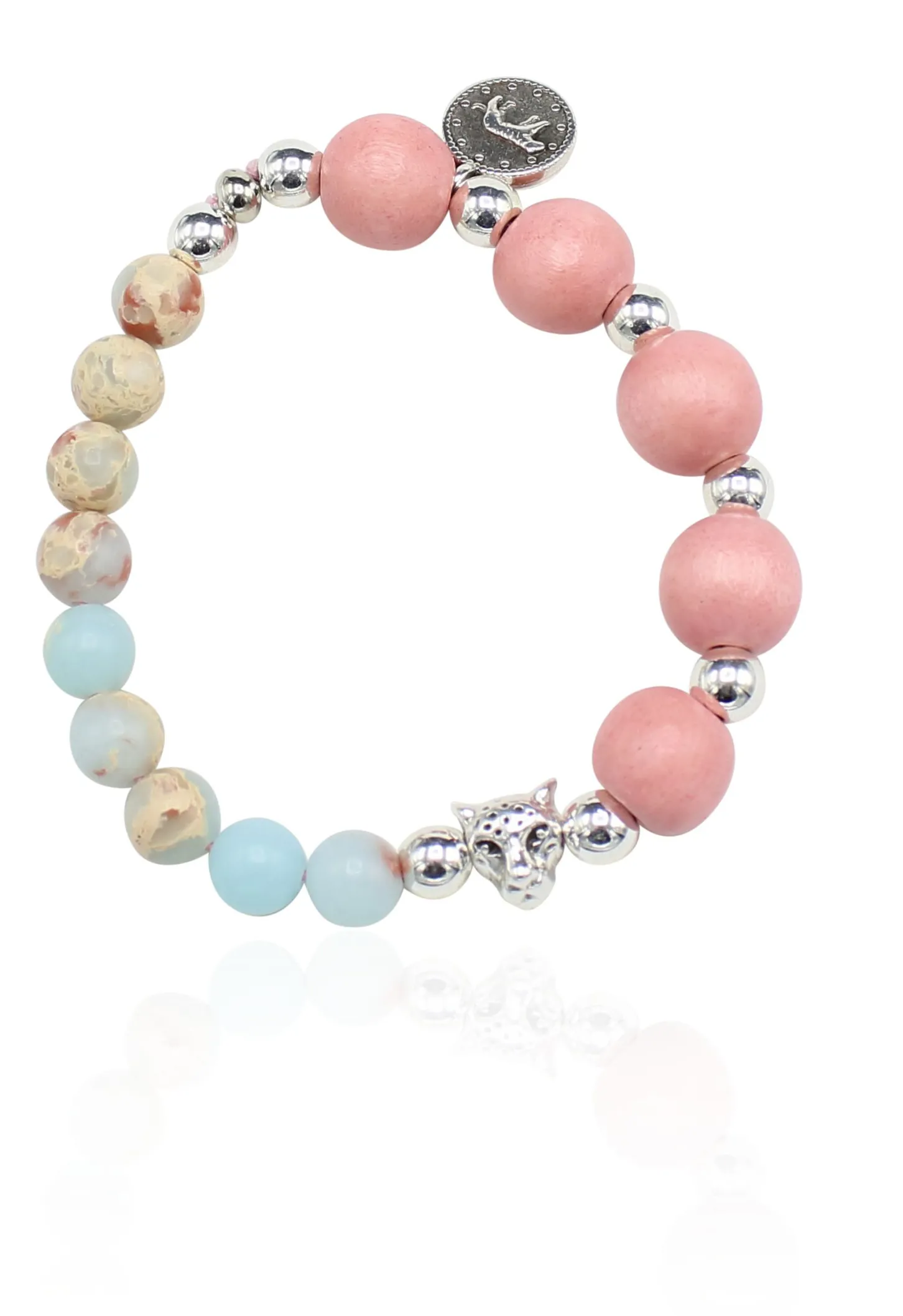 elastisches Armband aus Holz- und Halbedelsteinperlen, Anhänger, Leopard