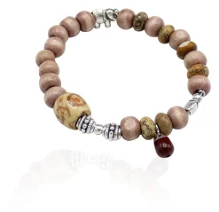 elastisches Armband aus Holz- und Natursteinperlen, Elefanten, silber