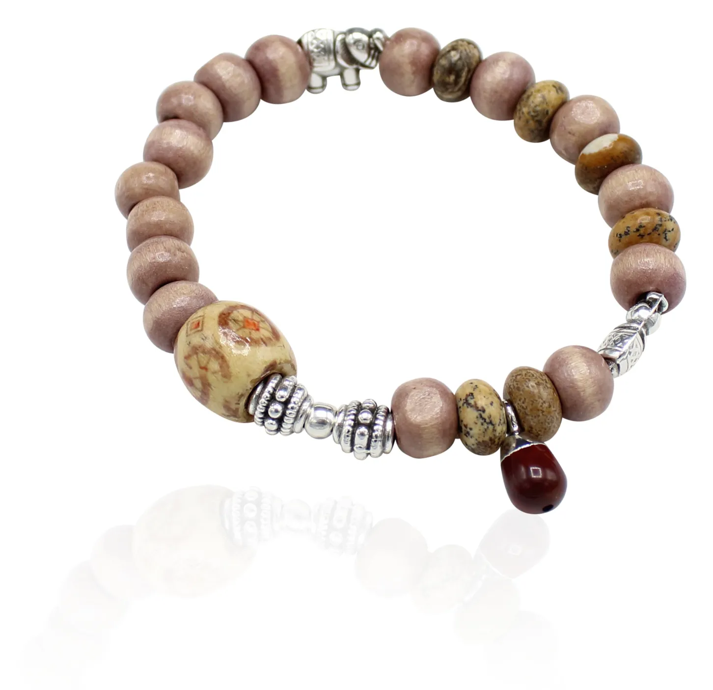 elastisches Armband aus Holz- und Natursteinperlen, Elefanten, silber