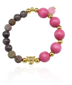 elastisches Armband aus Holz- und Halbedelsteinperlen, Leopard gold