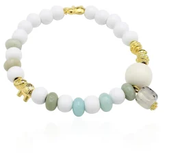 elastisches Armband aus Holz- und Natursteinperlen, Elefanten, gold