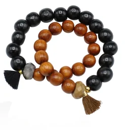 elastisches Armband doppelt aus Holz- und Natursteinperlen, Boho Look