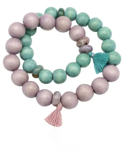 elastisches Armband doppelt aus Holz- und Natursteinperlen, Boho Look