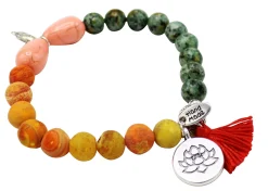 elastisches Armband mit Edelsteinperlen, Buddha und Lotusblüten Anhänger, Quaste