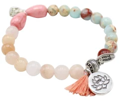 elastisches Armband mit Edelsteinperlen, Buddha und Lotusblüten Anhänger, Quaste