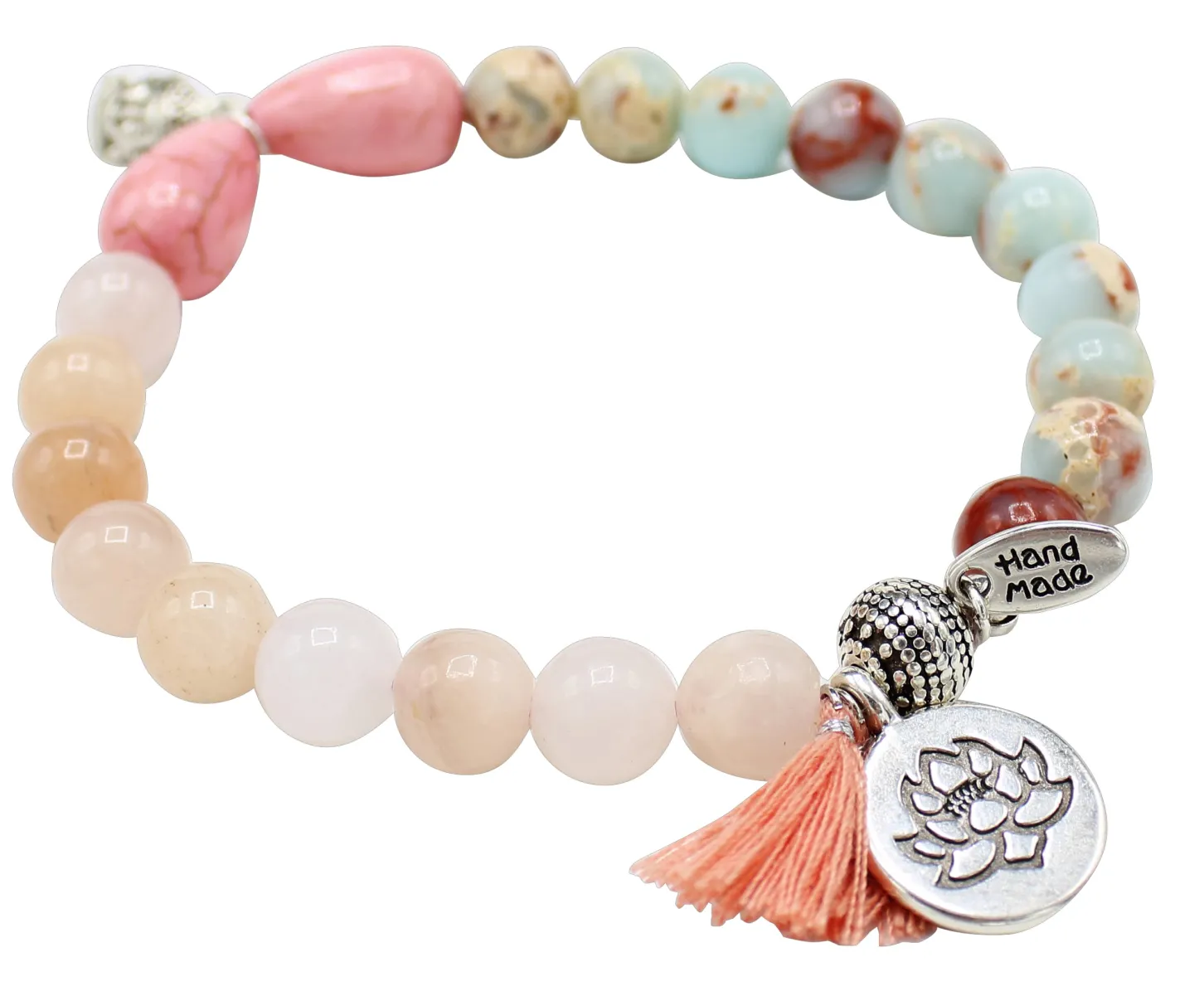 elastisches Armband mit Edelsteinperlen, Buddha und Lotusblüten Anhänger, Quaste