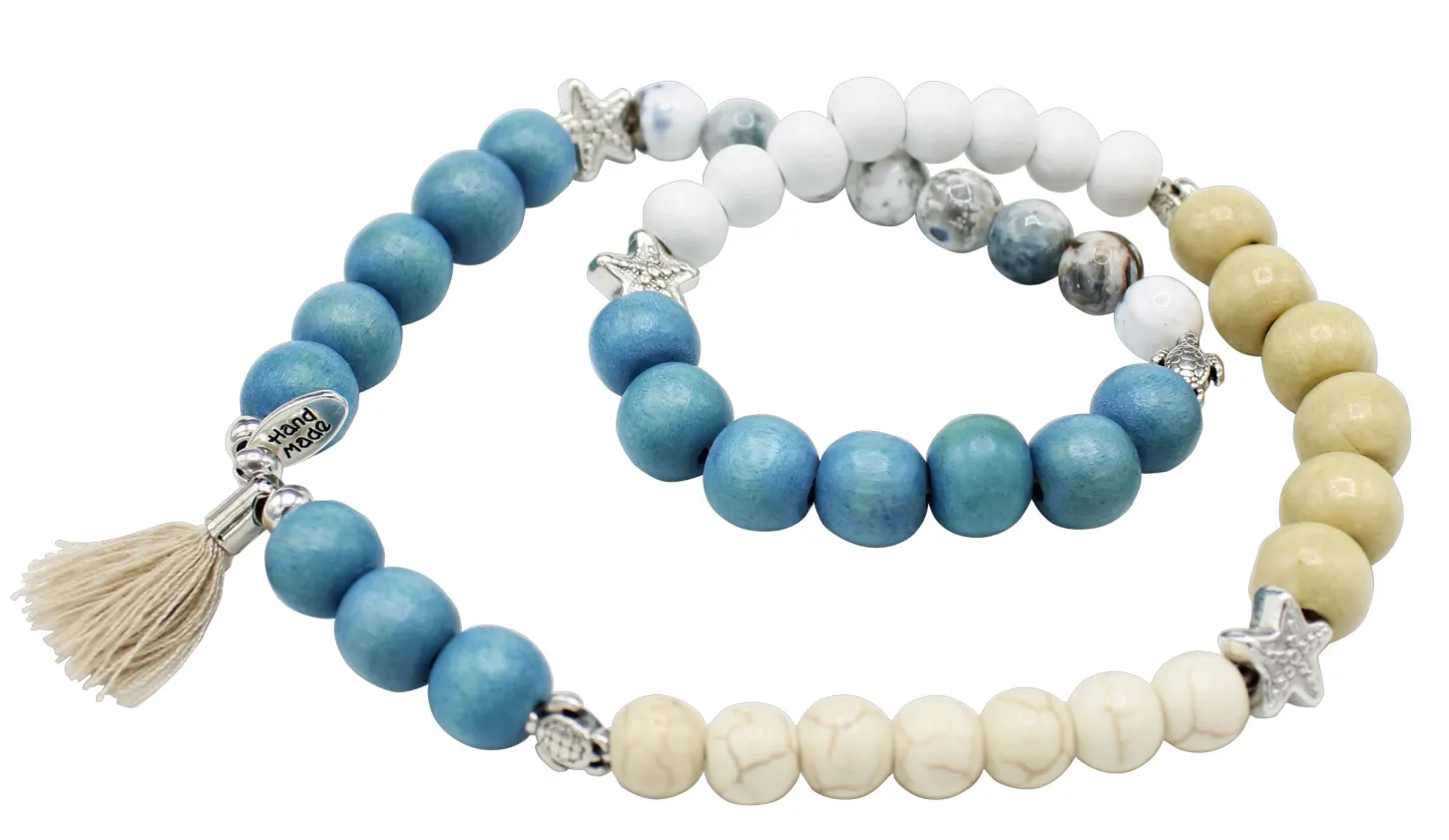elastisches Armband mit Holzperlen, Zierteile Seesterne, Schildkröten