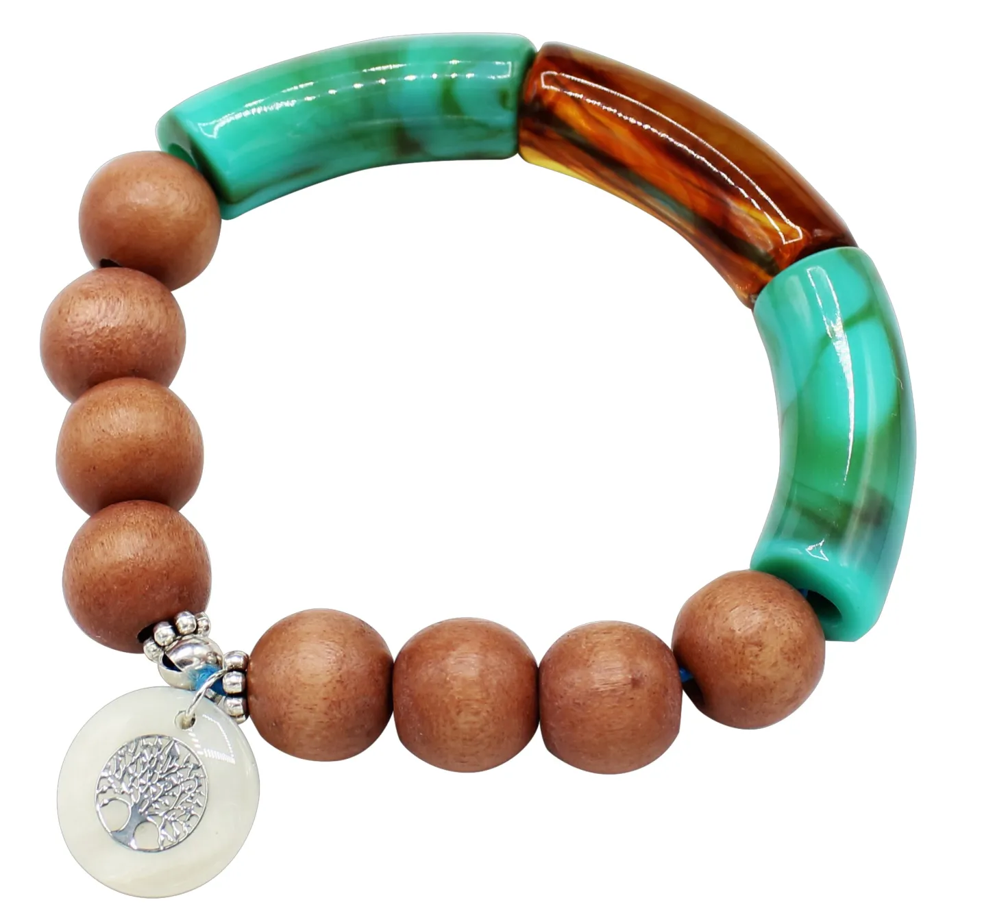 elastisches Armband mit Holzperlen, farbigen Tubes, Anhänger Lebensbaum